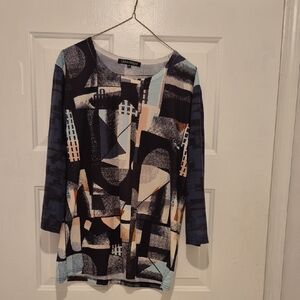 Geometric Pattern Long Sleeve Top - Black and Blue